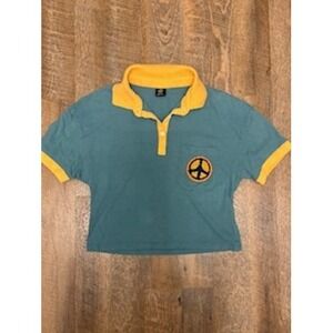 Urban Outfitters Womens Peace Sign Crop Polo Shirt Teal Orange Retro Top